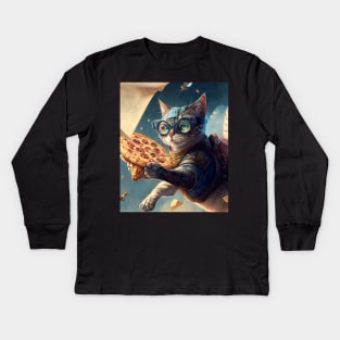 Funny Cat Flying and Delivering Pizza - Funny Digital Artwork Futuristic Art Birthday Gift Idea For Mom Kids Long Sleeve T-Shirt